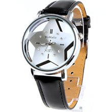 Women Fashion Girl Wrist Watch Black Watchband Silver Star Dial 9729-2