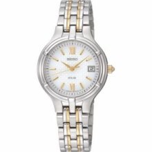 Women`s Seiko Stainless Steel 2 Tone Solar Watch W/ White Dial