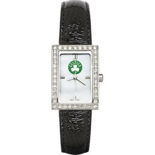 Womens Boston Celtics Watch with Black Leather Strap and CZ Accents