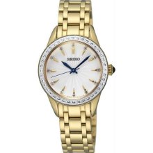 Women's Gold Tone Stainless Steel Case and Bracelet Dress Watch Silver Dial Crys