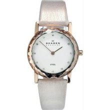 Women's Stainless Steel Case Leather Bracelet White Tone Dial