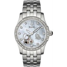 Women's Stainless Steel Skeleton Automatic Mother of Pearl Dial Heart