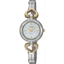 Women's Two Tone Stainless Steel Quartz Solar Mother of Pearl Dial Hea