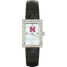 Womens University Of Nebraska Watch with Black Leather Strap and CZ Accents