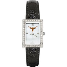 Womens University Of Texas Watch with Black Leather Strap and CZ Accents