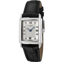 Women's White Austrian Crystal Silver Textured Dial Black Leather