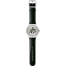 YNS111 Swatch Ladies Black Gloss White Dial Black Leather Strap Watch