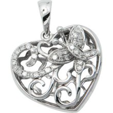 14k White Gold .20c Pave Diamond Butterfly Filigree Heart Love Pendant Necklace