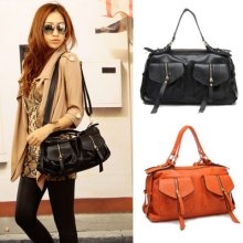 2012 Korean Style Women Pu Leather Handbag Satchel Purse Bag Tote Black/orange