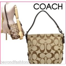 $328 Coach Signature Khaki Mahogany Leather Duffle Shoulder Hobo Bag Handbag