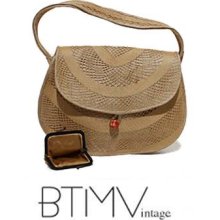 50s STRAW PURSE delicate woven wicker coin purse set tan natural basket hobo bag folk wooden bead