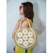60s 70s Saucer Handbag Straw Raffia Round Purse Vintage Floral Saucer Bag Vintage 1960s 1970s