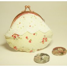 85mm Metal Frame Coin Purse Pouch - Little Red Flowers in Pale Yellow fabric with Cotton Lace