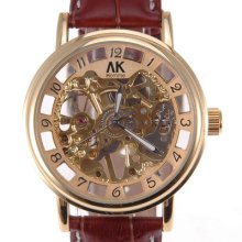 Ak-homme 18k Golden 12 Hours Carving Dial Leather Mens Mechanical Wristwatch