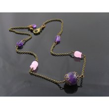 Amethyst and Pink Jade Carved Flower Necklace - SALE