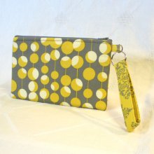 Amy Butler Fabric Wristlet Clutch Purse Zipper Pouch Cosmetic Bag Key Fob Martini Mustard Yellow Gray Handmade MTO