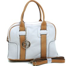 Anais Gvani Women's Two Toned Box Satchel with Gold Logo Charm & Bonus Strap-White/Tan