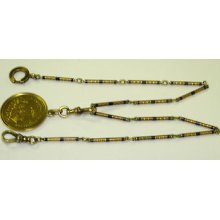 Antique 1930s 14k Solid Gold Pocket Watch Chain With Blue Enamel & 14k Gold