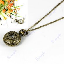 Antique Bronze Hollow Copper-toned Quartz Pendant Necklace Chain Pocket Watch