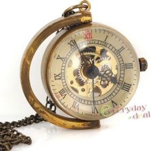 Antique Brozne Skeleton Ball Case Hand Windmechanical Pocket Watch Steel Chain