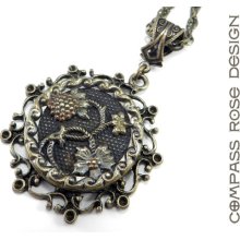Antique Button Jewelry, Victorian Button Necklace, Art Nouveau Blue Blossom Pendant on Antiqued Gold