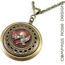 Antique Victorian Button Necklace - Fuschia Blossom - Steel and Magenta Rose Button Pendant