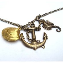 Antiqued Brass Seahorse Anchor Shell Necklace