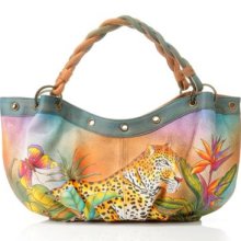 Anuschka Hand-Painted Leather Double Rope Handle Hobo Handbag