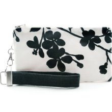 Asian flowers wristlet / black and white clutch / small purse / zipper pouch & detachable key fob gift set for women in modern fabric