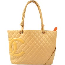 Auth Chanel Cambon Quilted Shoulder Tote Bag Cc Beige Leather Vintage 2b04738