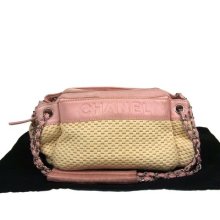 Auth Chanel Cc Logo Chain Shoulder Bag Beige Pink Cotton Leather Vintage Ww09948