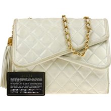Auth Chanel Quilted Cc Fringe Chain Shoulder Bag White Leather Vintage W20314