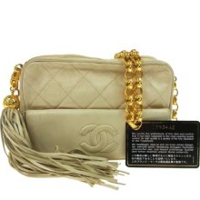 Auth Chanel Quilted Cc Fringe Chain Shoulder Bag Beige Leather Vintage Ww04049
