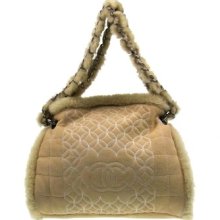 Auth Chanel Quilted Cc Logos Chain Shoulder Bag Suede Fur Beige Vintage B14199