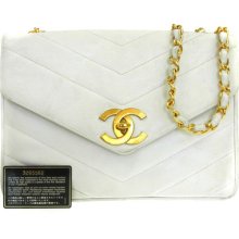 Auth Chanel Quilted Chain Shoulder Bag White Caviar Skin Leather Vintage W16355