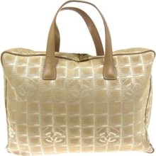 Auth Chanel Travel Line Hand Tote Bag Beige Jacquard Nylon Vintage W08650