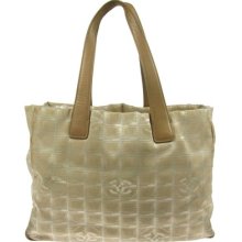 Auth Chanel Travel Line Hand Tote Bag Beige Jacquard Nylon Vintage Ww12060