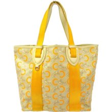 Authentic Celine C Logos Shoulder Tote Bag Pvc Nylon Yellow Beige Vintage R02212