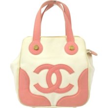 Authentic Chanel Cc Logos Hand Tote Bag White Pink Canvas Vintage Italy Ww05333
