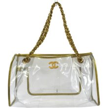 Authentic Chanel Clear Vinyl Gold Leather Tote Bag Cc Vintage Cc Gold Chain