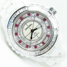 Authentic Chanel J12 White With Custom Baguette Diamond Bezel And Diamond Dial