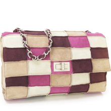 Authentic Chanel Pink Multicolor Patchwork Quilted Suede Flap Bag