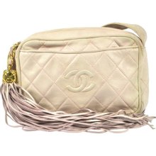 Authentic Chanel Quilted Pink Fringe Chain Shoulder Bag Leather Cc Logo Vintage