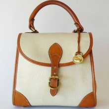 Authentic Classic Dooney & Bourke Cream and British Tan Pebble Leather AWL Satchel