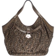 Authentic Fendi Brown Canvas W/ Leather Shoulder Hobo Bag Handbaggold Hardware