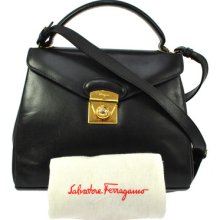 Authentic Salvatore Ferragamo Logos Black Evening Shoulder Hand Bag Leather