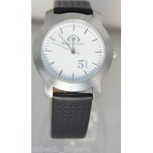 Banco Azteca 5 Anos Men's Silver Tone Case Watch Black Leather Strap White Dial
