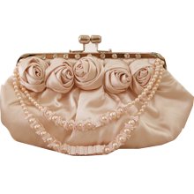 Beige Gold Satin Rose Setting Wedding/Evening Clutch Bag - Pearl & Satin Chain - Beige - Satin - Small