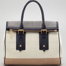 Belstaff Dorchester 36 Woven Leather Satchel Bag, Bone/Navy