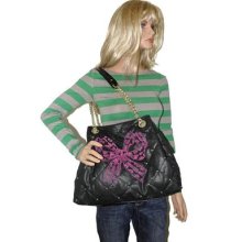 Betsey Johnson Key Item Tote Bag Studded & Quilted With Velvet Pink Bow